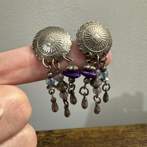 VTG Silver Tone Boho Dangle Drop Earrings Embossed Southwest‎ Purple Blue Beads